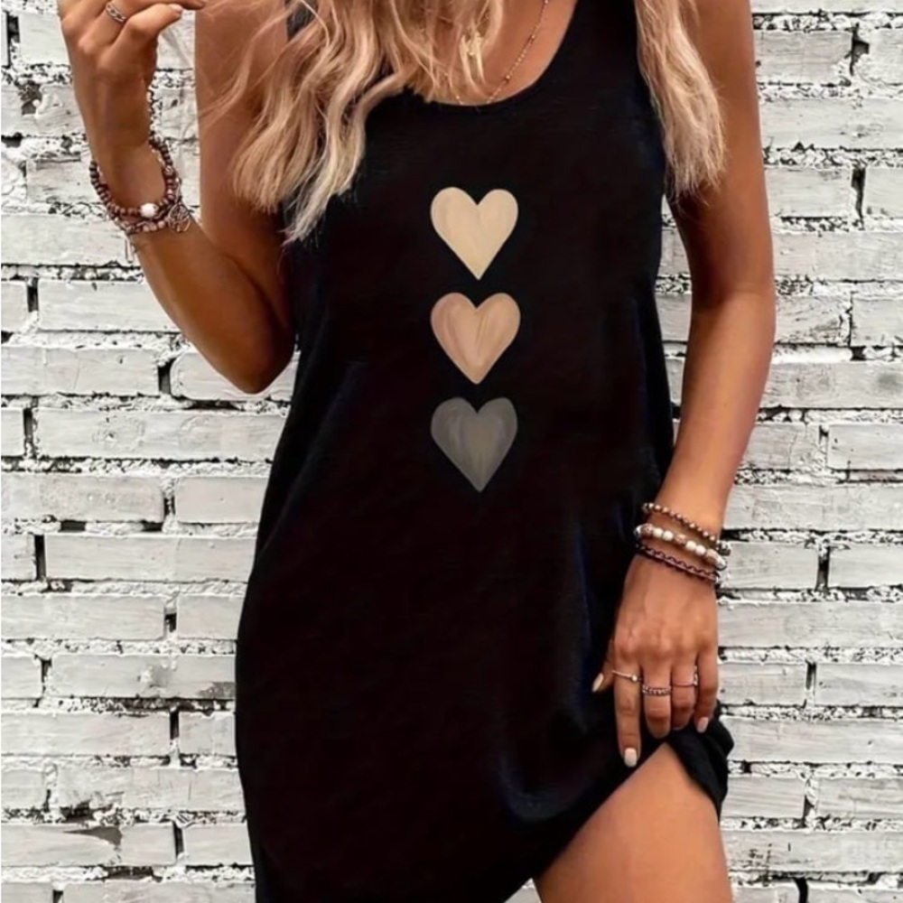 New! Women Heart Print Crew Neck Tank Dress. Casual, Sleeveless. Relaxed Fit X-L